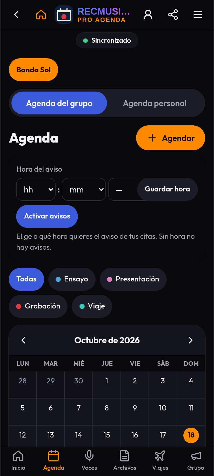 Agenda con ensayos y tocadas