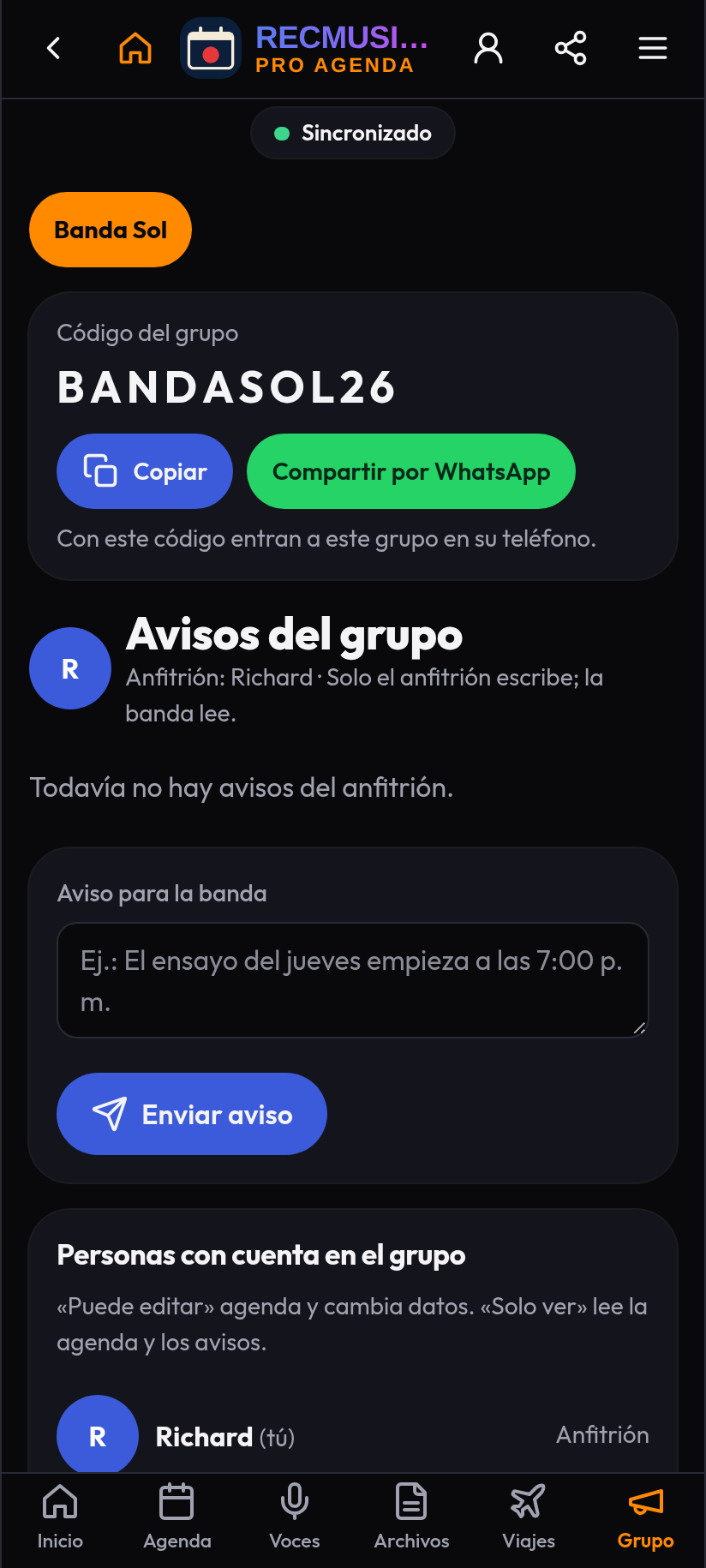Vista de un grupo con sus integrantes