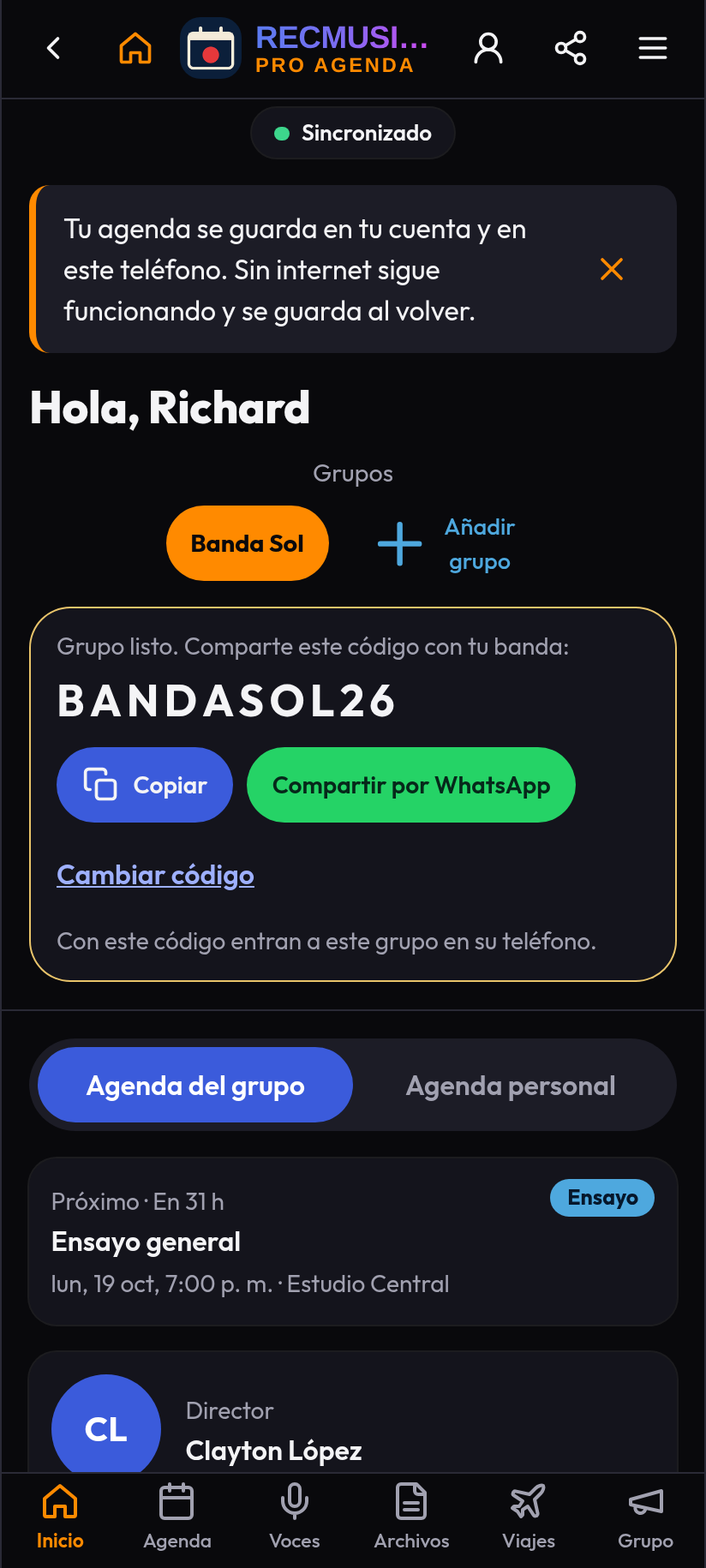 Pantalla de inicio de RecMusicians Pro Agenda en un teléfono